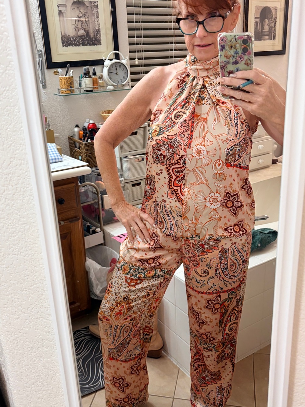 Rachel Zoe Paisley Halter Top and Pants Comfort 2 piece set in Peach Large